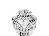 Silver Round Halo Milgrain Diamond Engagement Ring with Leaf Band and Four-Prong Setting_31