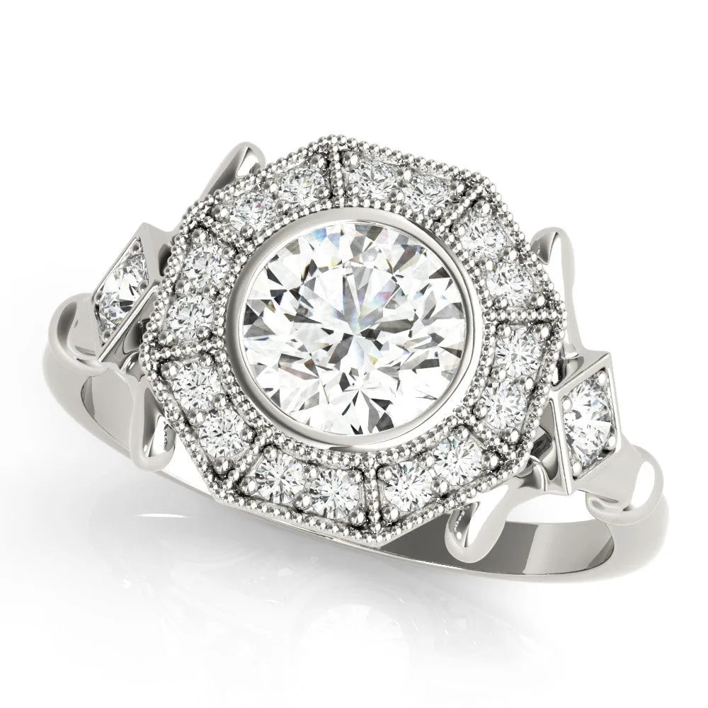 Silver Round Halo Milgrain Diamond Ring with Split Shank and Bezel Setting