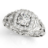 Silver Round Halo Milgrain Pave Diamond Engagement Ring with Filigree Band and Four-Prong Setting 1