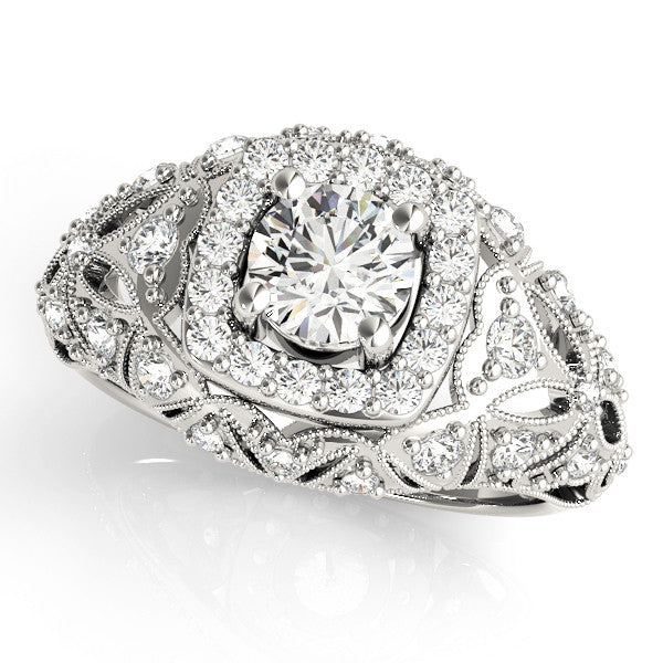 White gold Round Halo Milgrain Pave Diamond Engagement Ring with Filigree Band and Four-Prong Setting