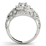 Silver Round Halo Milgrain Pave Diamond Engagement Ring with Filigree Band and Four-Prong Setting