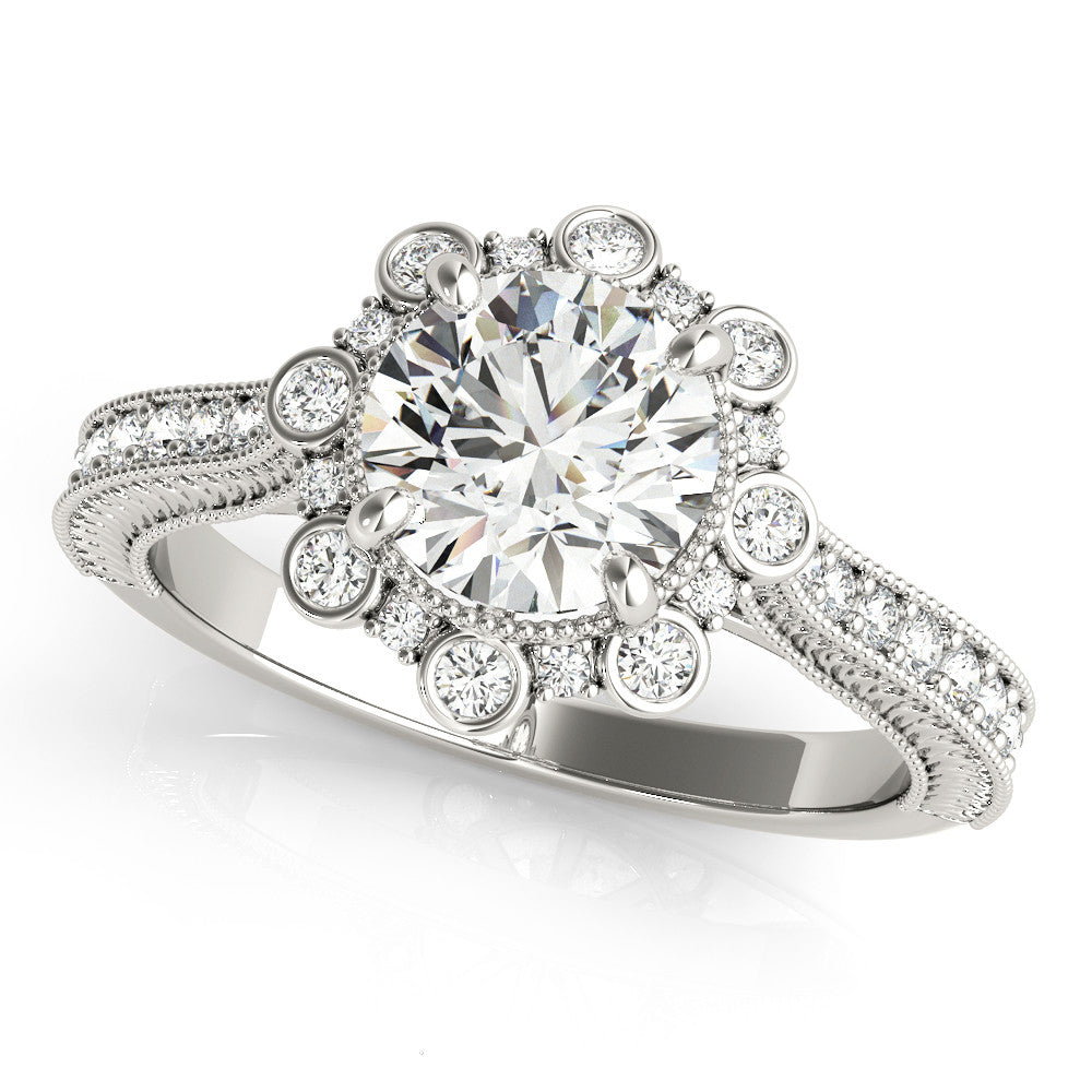 Silver Round Halo Milgrain Pave Diamond Ring with Four-Prong Setting