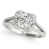 Silver Round Halo Milgrain Solitaire with Split Shank and Four-Prong Setting