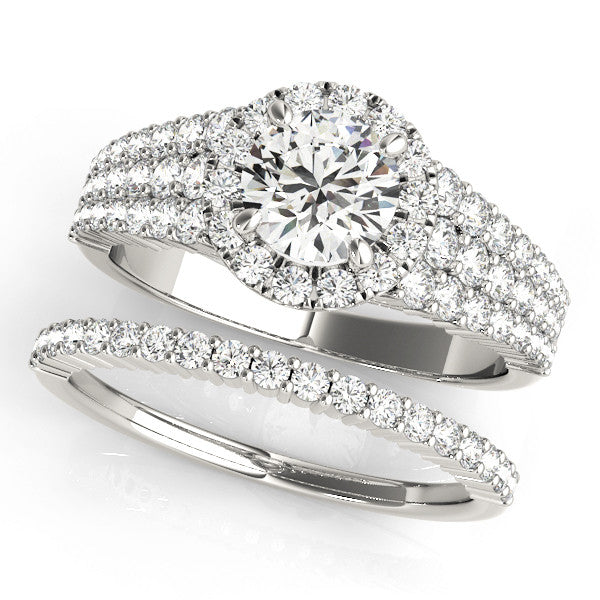 Silver Round Halo Pavé Diamond Engagement Ring with Split Shank and Four-Prong Setting 2