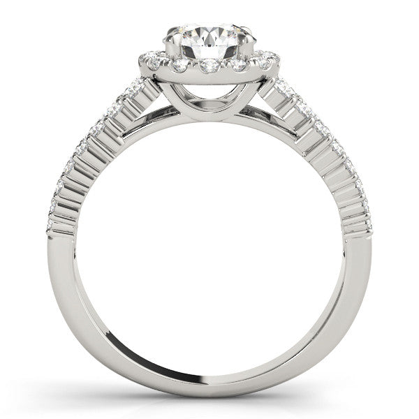 Silver Round Halo Pavé Diamond Engagement Ring with Split Shank and Four-Prong Setting