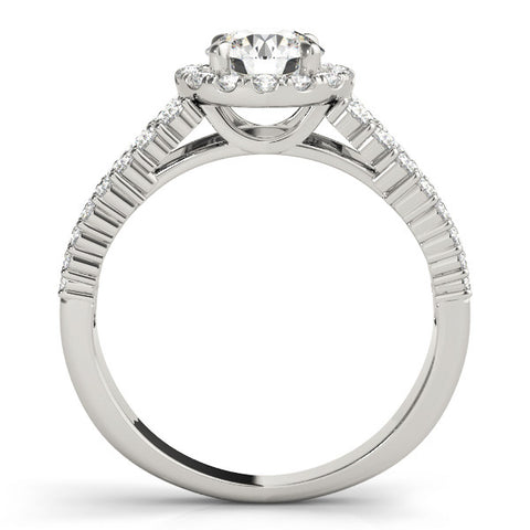 Silver Round Halo Pavé Diamond Engagement Ring with Split Shank and Four-Prong Setting