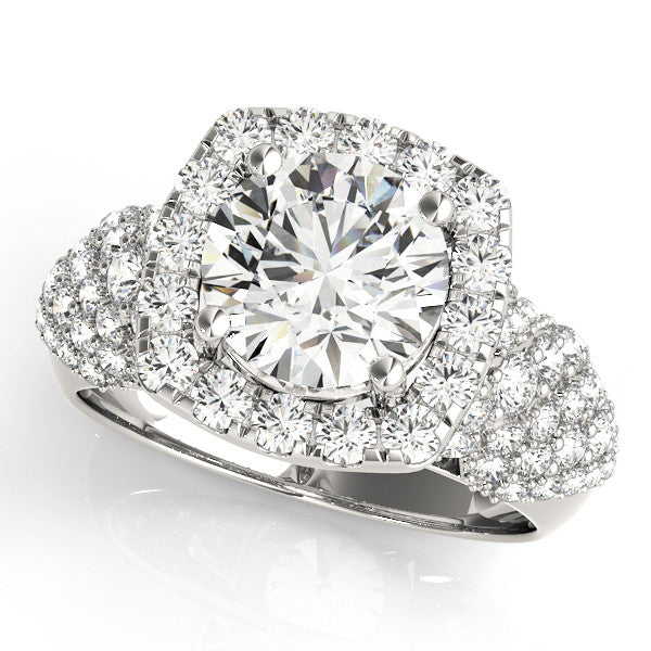 White gold Round Diamond Halo Ring with Cluster Pavé Band and Four-Prong Setting