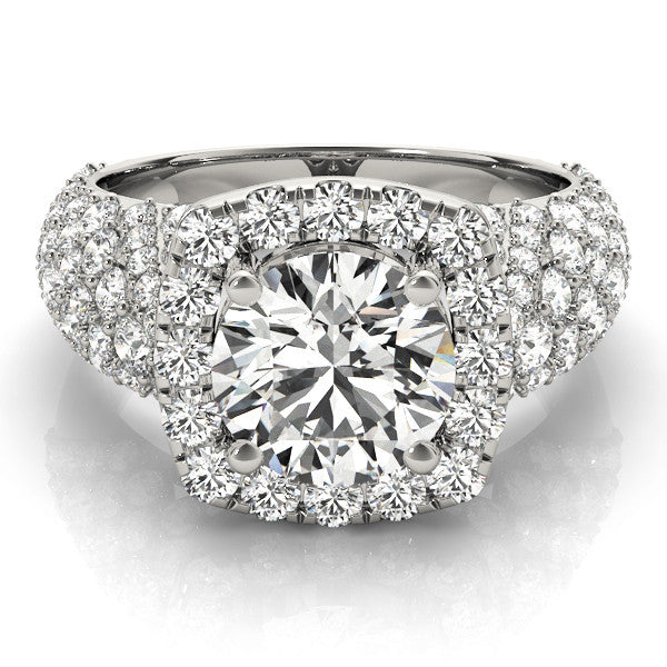 White gold Round Diamond Halo Ring with Cluster Pavé Band and Four-Prong Setting