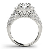 Silver Round Halo Pave Diamond Engagement Ring with Four-Prong Setting