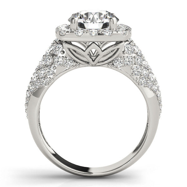 White gold Round Diamond Halo Ring with Cluster Pavé Band and Four-Prong Setting