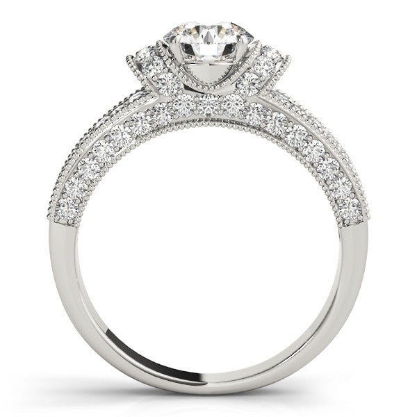 Silver Round Halo Pave Diamond Engagement Ring with Milgrain Detailing 1