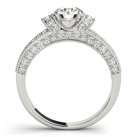 Silver Round Halo Pave Diamond Engagement Ring with Milgrain Detailing 1