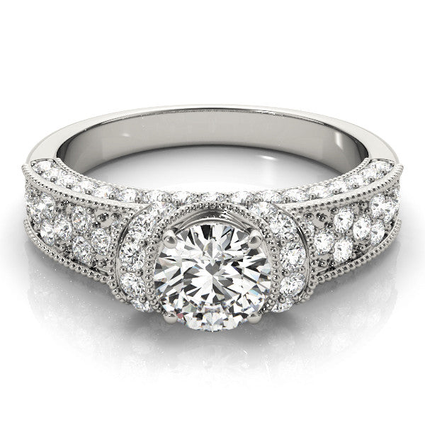 Silver Round Halo Pave Diamond Engagement Ring with Milgrain Detailing