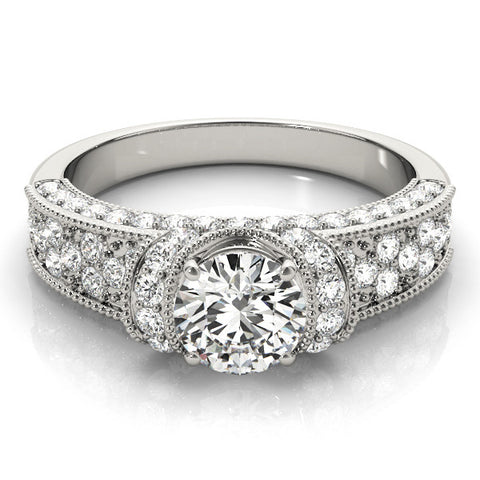 Silver Round Halo Pave Diamond Engagement Ring with Milgrain Detailing