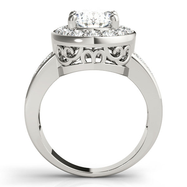Silver Round Halo Pave Diamond Ring with Four-Prong Setting