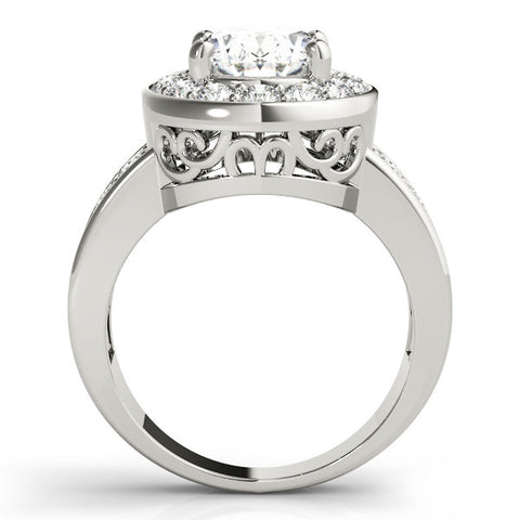 Silver Round Halo Pave Diamond Ring with Four-Prong Setting