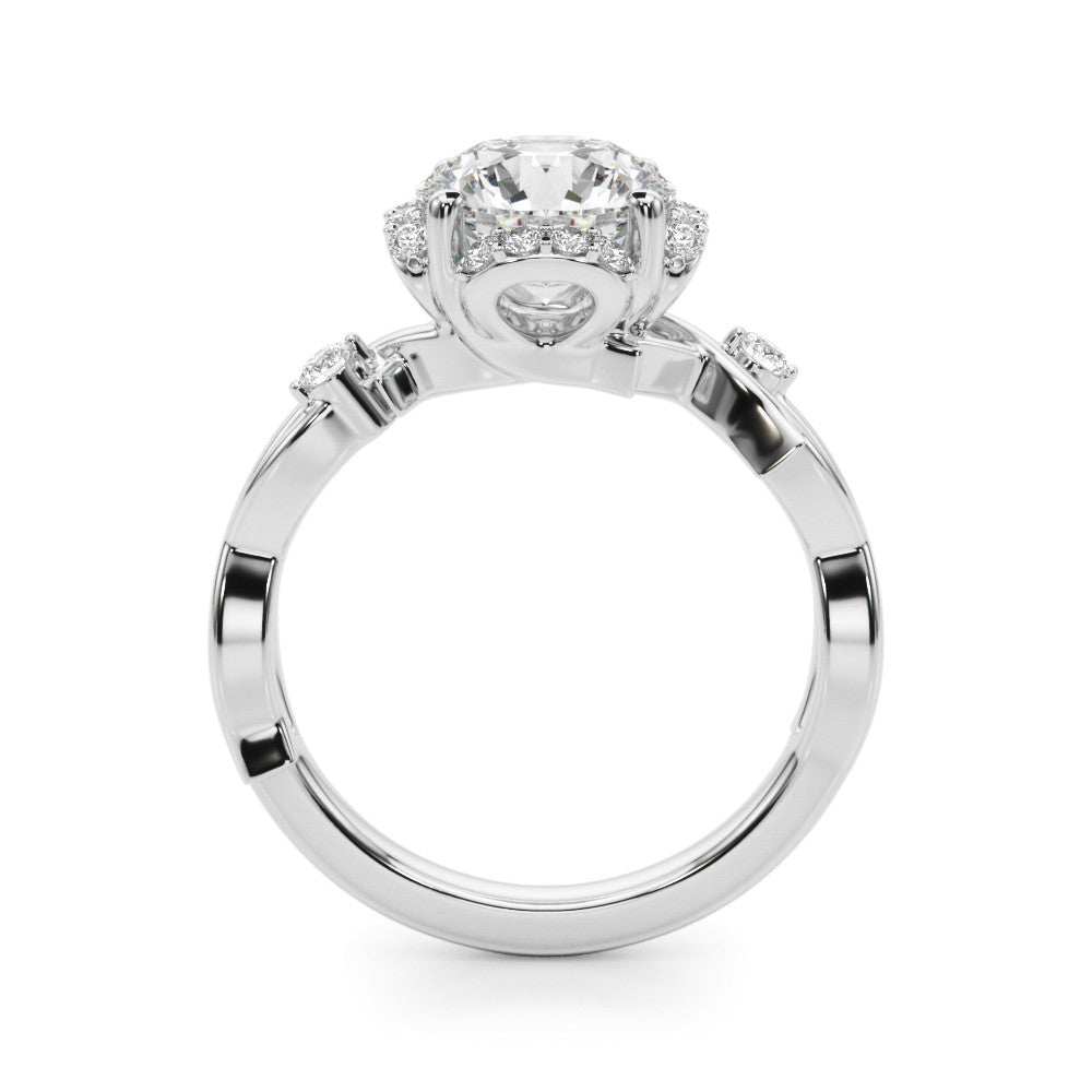 Silver Round Halo Solitaire Diamond Ring with Twisted Band and Four-Prong Setting