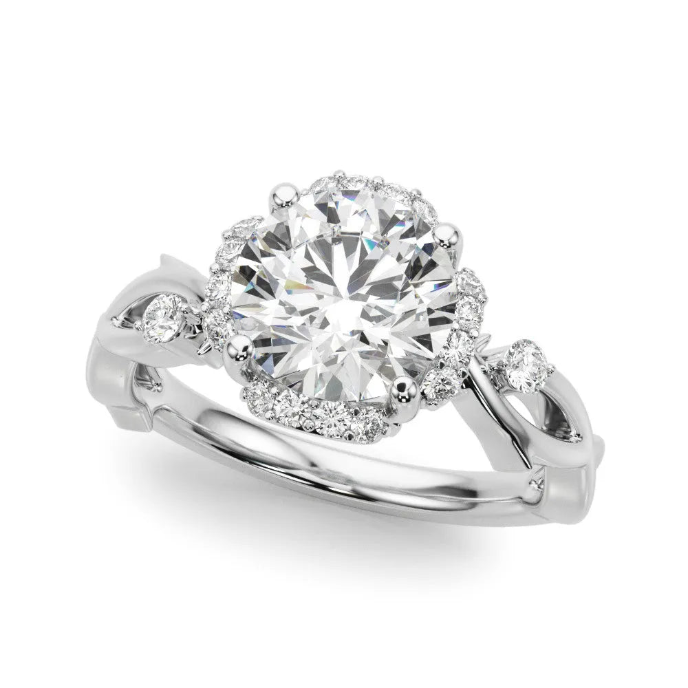 Silver Round Halo Solitaire Diamond Ring with Twisted Band and Four-Prong Setting