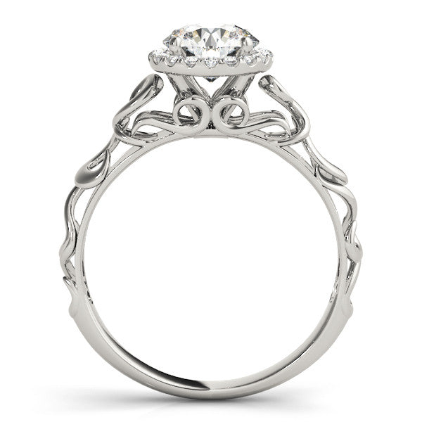 Silver Round Halo Solitaire with Scrollwork Band and Four-Prong Setting 1