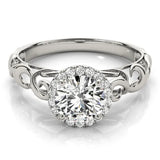 Silver Round Halo Solitaire with Scrollwork Band and Four-Prong Setting 1