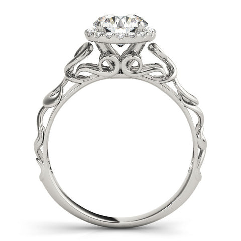 Silver Round Halo Solitaire with Scrollwork Band and Four-Prong Setting 1