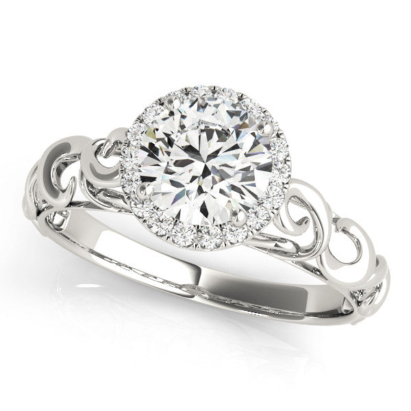 Silver Round Halo Solitaire with Scrollwork Band and Four-Prong Setting 2