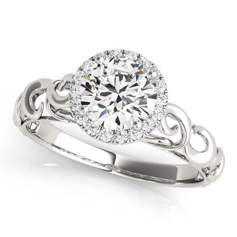 Silver Round Halo Solitaire with Scrollwork Band and Four-Prong Setting 2