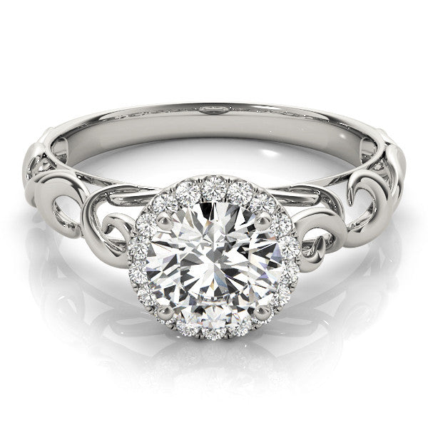 Silver Round Halo Solitaire with Scrollwork Band and Four-Prong Setting