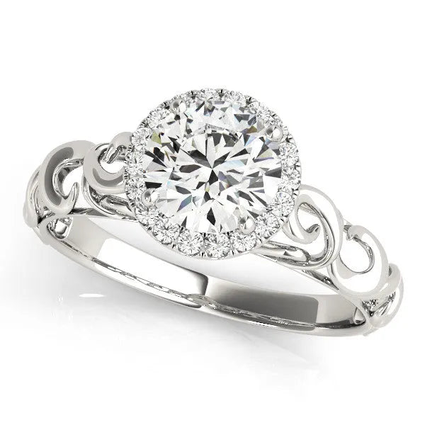 Silver Round Halo Solitaire with Scrollwork Band and Four-Prong Setting