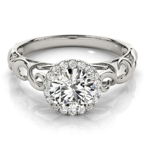 Silver Round Halo Solitaire with Scrollwork Band and Four-Prong Setting