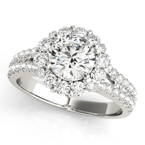 Silver Round Halo Split Shank Diamond Engagement Ring with Pave Band and Four-Prong Setting 1