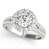18K White Gold 3.04 Carat F VVS2 Round Halo Split Shank Diamond Engagement Ring with Pave Band and Four-Prong Setting
