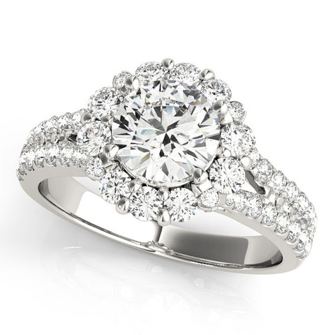 Silver Round Halo Split Shank Diamond Engagement Ring with Pave Band and Four-Prong Setting 1