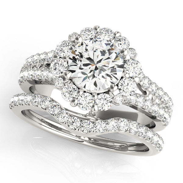 18K White Gold 3.04 Carat F VVS2 Round Halo Split Shank Diamond Engagement Ring with Pave Band and Four-Prong Setting