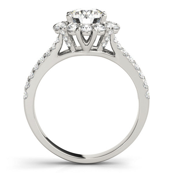 Silver Round Halo Split Shank Diamond Engagement Ring with Pave Band and Four-Prong Setting