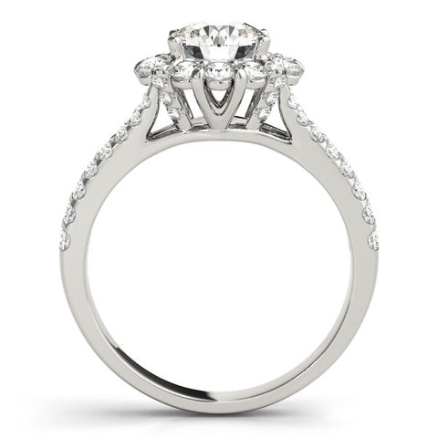 Silver Round Halo Split Shank Diamond Engagement Ring with Pave Band and Four-Prong Setting