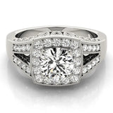 Silver Round Halo Split Shank Diamond Ring with Milgrain Prong Setting 1