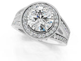 Silver Round Halo Split Shank Diamond Ring with Milgrain Prong Setting_15
