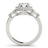 Silver Round Halo Three-Stone Diamond Ring with Pear Side Stones and Four-Prong Setting 2
