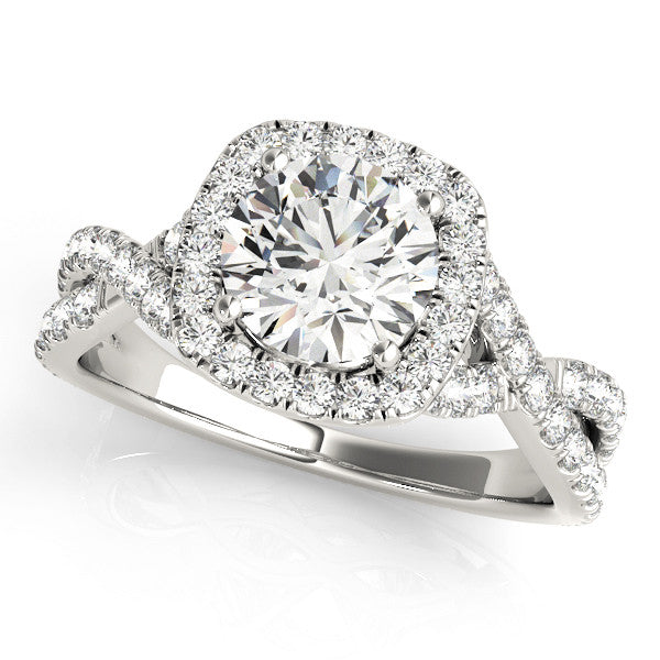 Silver Round Halo Twist Band Diamond Engagement Ring with Prong Setting 1