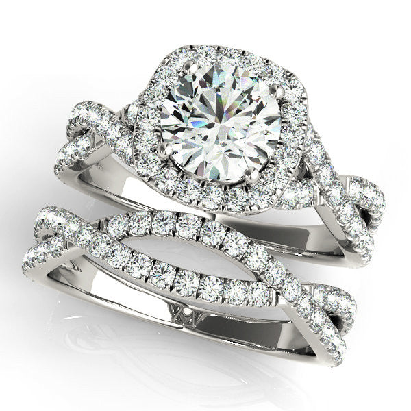 White gold Round Halo Twist Band Diamond Engagement Ring with Prong Setting