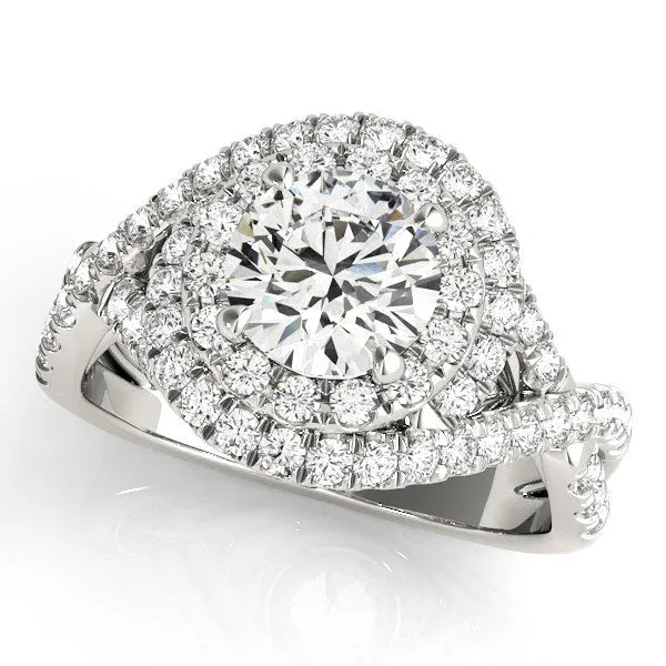 Silver Round Halo Twist Band Prong Setting Ring
