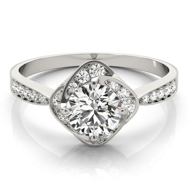 Silver Round Halo Twist Diamond Engagement Ring with Pavé Band and Four-Prong Setting 2