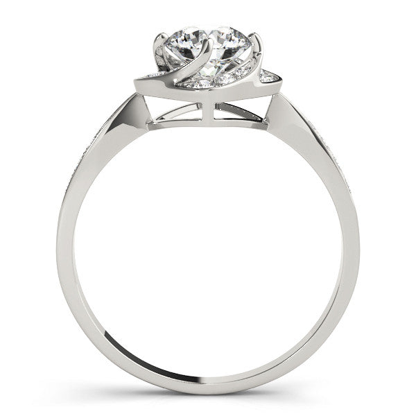 Silver Round Halo Twist Diamond Engagement Ring with Pavé Band and Four-Prong Setting
