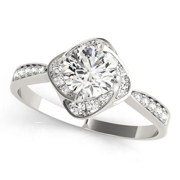 Silver Round Halo Twist Diamond Engagement Ring with Pavé Band and Four-Prong Setting