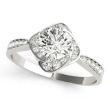 Silver Round Halo Twist Diamond Engagement Ring with Pavé Band and Four-Prong Setting