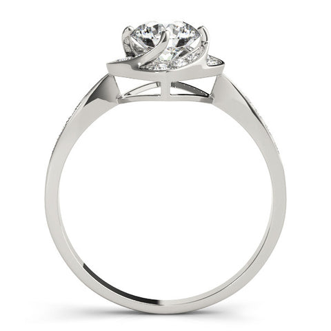 Silver Round Halo Twist Diamond Engagement Ring with Pavé Band and Four-Prong Setting