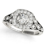 Silver Round Halo Vintage-Inspired Split Shank Ring with Milgrain Detailing