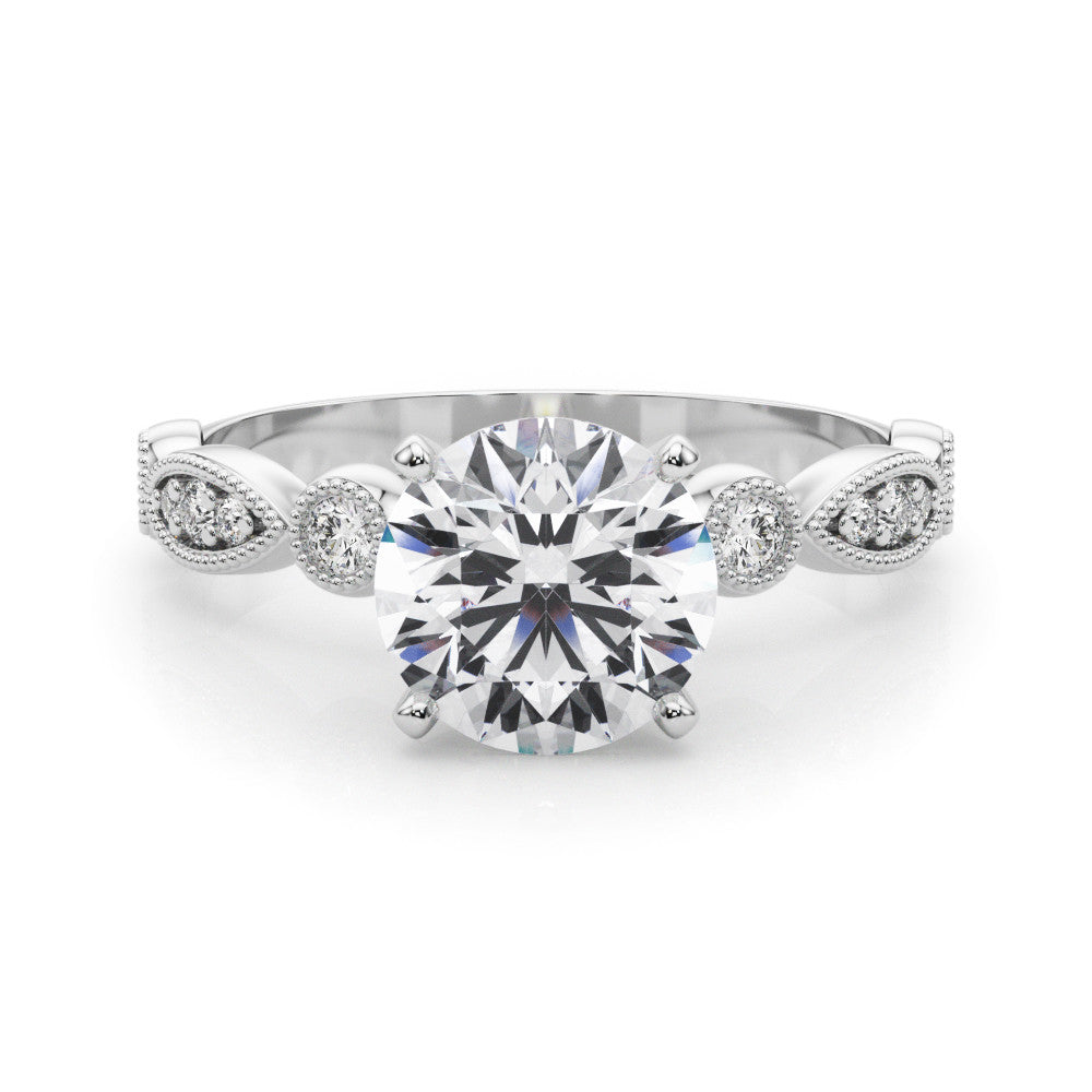 Silver Round Milgrain Bezel Diamond Engagement Ring with Solitaire Prong Setting