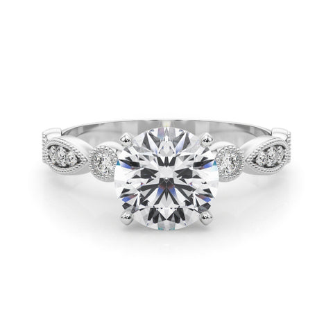 Silver Round Milgrain Bezel Diamond Engagement Ring with Solitaire Prong Setting